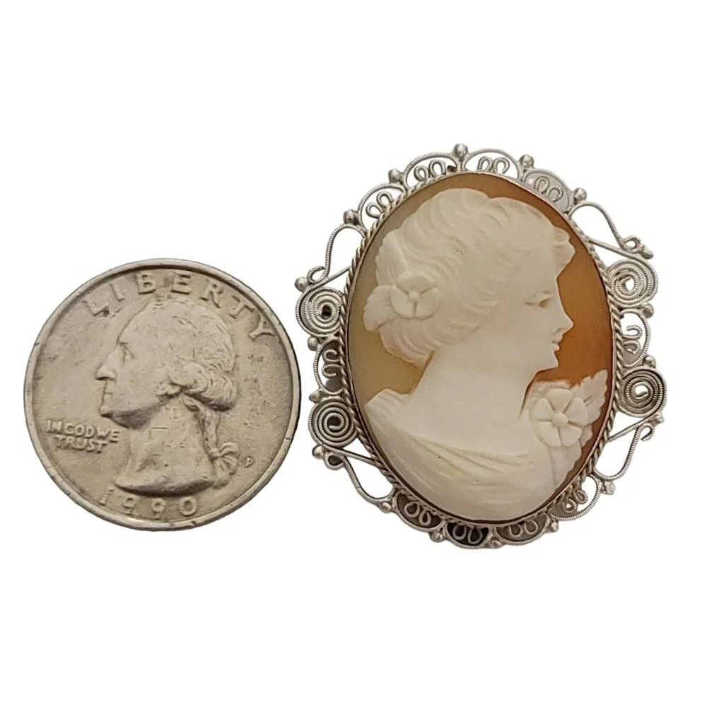 800 Sterling Silver Carved Shell Cameo C-Clasp Brooch Pendant K91 - Picture 8 of 11